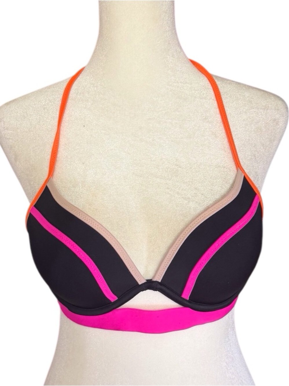 Victoria Secret Hottie Halter Black Push-Up Bikini Top with Neon Trim size 34B